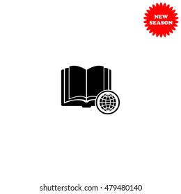 Open book with globe vector icon isolated on white background.