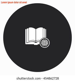 Open book with globe web icon. Gray circle button with white illustration.