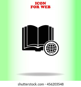 Open book with globe web icon. Black illustration on white background
