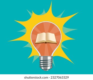 Libro abierto en una bombilla brillante. ilustración vectorial