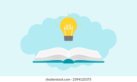 Open book with a glowing light bulb conveys the message "the importance of learning for generating ideas and achieving goals."