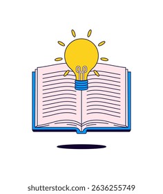 livro aberto com uma lâmpada incandescente emergindo de suas páginas, simbolizando conhecimento, ideias, inovação e educação para aprendizado redondo, pesquisa, pensamento e inspiração em estilo cartoon