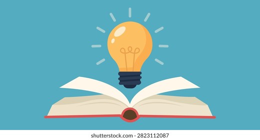 Open book with glowing light bulb representing education knowledge learning creativity innovation inspiration reading study research and academic success vector illustration design.