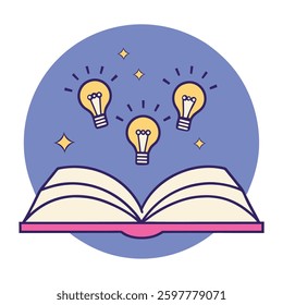 Open book with glowing light bulbs symbolizing knowledge, creativity, and innovative ideas.