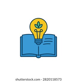 Open book with glowing lightbulb and green sprout. A blue open book illustration with a yellow lightbulb emerging, containing small green leaves to represent growth and ideas. Perfect for education, eco-learning, or sustainability concepts.
