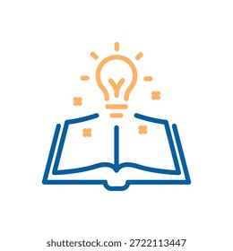 Open book with a glowing lightbulb illuminating from its pages, symbolizing learning, intellectual growth, and creative insights. Thin line icon editable stroke