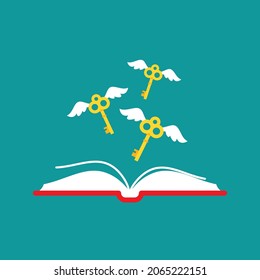 Open book with golden flying vintage keys with wings on blue background.  Reading, study vector illustration. Tip, hint, prompt. Mystery, clue and magic symbol. Unlock, hint, tint and secret concept. 