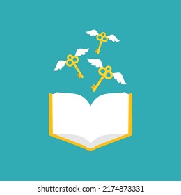 Open book with golden flying vintage keys with wings on blue background.  Reading, study vector illustration. Tip, hint, prompt. Mystery, clue and magic symbol. Unlock, hint, tint and secret concept. 