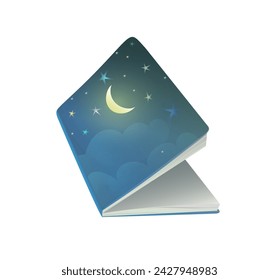 Open book with good night story lullaby, moon and stars on the book cover. Cute bed time library for kids, night time story. Vector isolated clip art illustration in watercolor style for children.