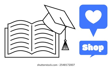 Open book with graduation cap above pages. Blue speech bubbles with heart and shop text. Ideal for education, e-commerce, online learning, academic achievements, shopping. Simple vector style with