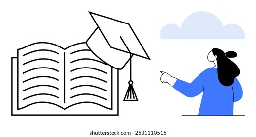 Livro aberto com um teto de graduação ao lado de uma pessoa apontando. Cores simples e design minimalista. Ideal para ilustrações de educação, formatura, conhecimento, aprendizado e sucesso acadêmico