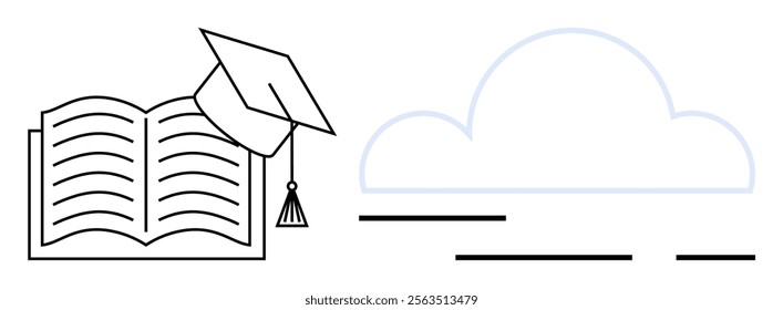 Open book with a graduation cap beside an abstract cloud shape with horizontal lines underneath. Ideal for education, graduation, e-learning, knowledge sharing, academic achievement concepts. Simple