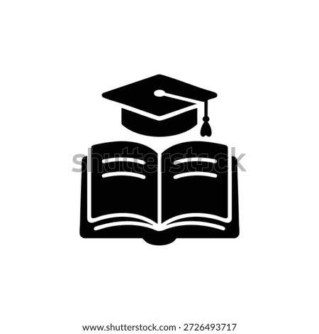 Open book with graduation cap black and white education vector icon for learning and academic study