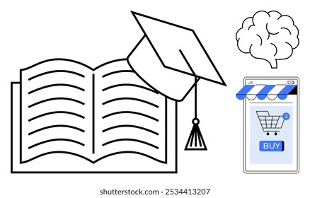 Open book, graduation cap, brain, and an online shopping cart. Ideal for education, e-learning, intellectual growth, academic achievement, and online education themes. Simple outlines and flat vector