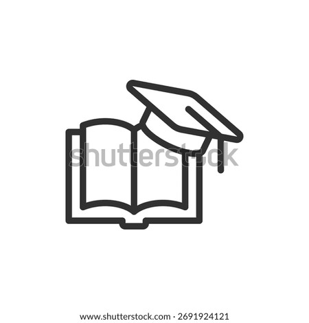 Open book with graduation cap, linear icon. Education and knowledge concept. Line with editable stroke.