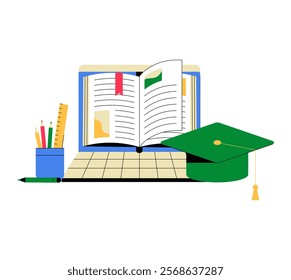 Open Book And Graduation Cap On Laptop In Flat Vector Illustration Symbolizing Learning, Knowledge, And Academic Success, Isolated On White Background.