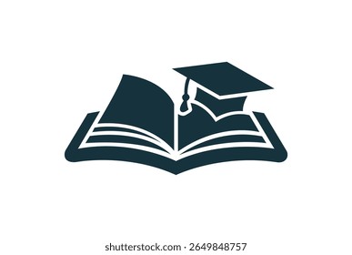 An open book with a graduation cap on top, symbolizing education, knowledge, and academic achievement. This clean, modern icon is isolated on a white background.