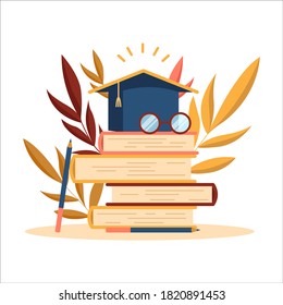 Open book with Graduation cap and stack of books isolated vector illustration. Academic and school knowledge, education and graduation. Reading, encyclopedia. Template for books Shop advertising