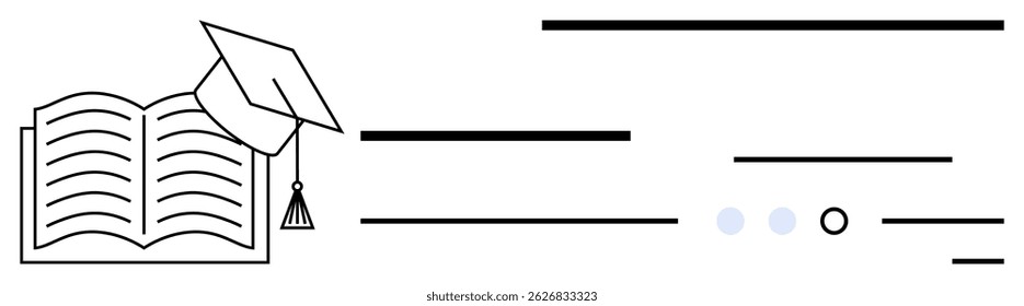 Open book with a graduation cap, symbolizing education and achievement. Stylized lines indicate progress, with three dots and a circle. Ideal for education, graduation, teaching, learning, academic