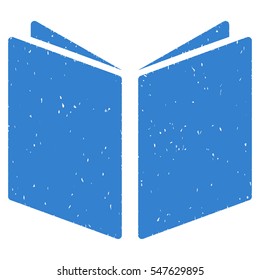Open Book grainy textured icon for overlay watermark stamps. Flat symbol with dirty texture. Dotted vector cobalt ink rubber seal stamp with grunge design on a white background.