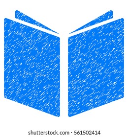 Open Book grainy textured icon for overlay watermark stamps. Flat symbol with dust texture. Dotted vector blue ink rubber seal stamp with grunge design on a white background.