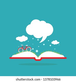 Open book with grass, bike and speech bubble. Isolated on blue background. Vector flat illustration. Imagination and fantasy. Creative education. quotation logo. tip, hint, prompt. 