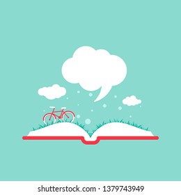 Open book with grass, bike and speech bubble. Isolated on blue background. Vector flat illustration. Imagination and fantasy. Creative education. quotation logo. tip, hint, prompt. 