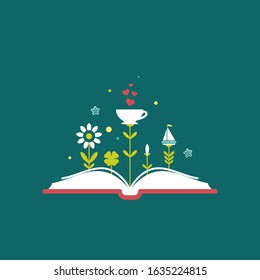 Open book with grass and cup with red hearts.  Isolated on blue background. bibliophile flat icon. Vector illustration. Love reading logo. Romantic book pictogram. St. Valentine  gift card.