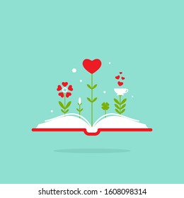 Open book with grass and sprouts and red hearts.  Isolated on blue background. bibliophile flat icon. Vector illustration. Love reading logo. Romantic book pictogram. St. Valentine  gift card.