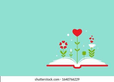 Open book with grass and sprouts and red hearts.  Isolated on blue background. bibliophile flat icon. Vector illustration. Love reading logo. Romantic book pictogram. St. Valentine, book day card