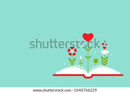Open book with grass and sprouts and red hearts.  Isolated on blue background. bibliophile flat icon. Vector illustration. Love reading logo. Romantic book pictogram. St. Valentine, book day card
