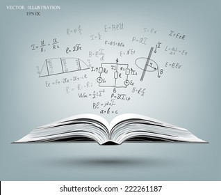 An open book with a gray cover. Science icons Doodle physics laboratory. Education, research, experiments. A book about physics.