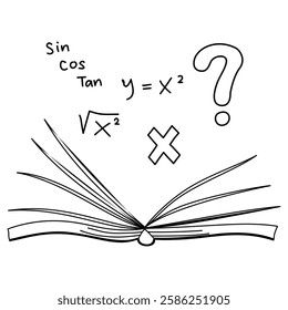 An open book with a gray cover. Science icons Doodle math laboratory. Education, research, experiments. A book about mathematics.