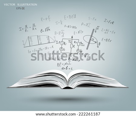 An open book with a gray cover. Science icons Doodle physics laboratory. Education, research, experiments. A book about physics.