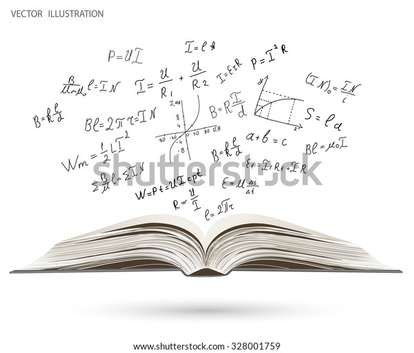 An open book with a gray cover.\
Science icons Doodle physics laboratory. Education, research,\
experiments. A book about physics. Vector\
illustration