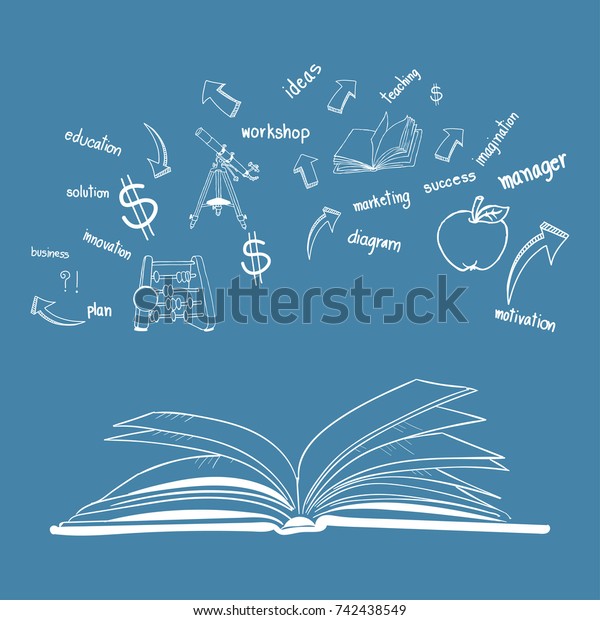 An open book with a gray cover. Science icons\
Doodle physics laboratory. Education, research, experiments. A book\
about physics.