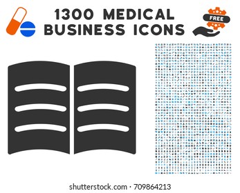 Open Book gray vector icon with 1300 medical commercial symbols. Collection style is flat bicolor light blue and gray pictograms.