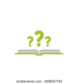 Open book with green book cover and green question marks. Isolated on white background. Flat vector reading icon. Unknown book pictogram. Ask symbol. Curiosity logo.