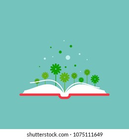 Open book with green flowers.  Flat icon isolated on turquoise background. Reading icon. Vector illustration. Idea logo. Inspiration pictogram. Power of knowledge and education sign.
