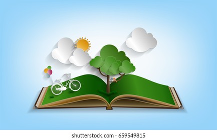 Open book in green grass, bicycle, balloon, tree, sun and cloud over blue sky, vector illustration.