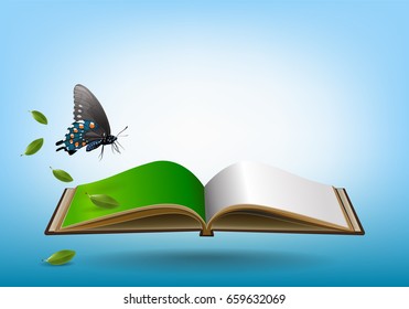 Open book in green grass, butterfly and leaves over blue sky background, vector illustration.