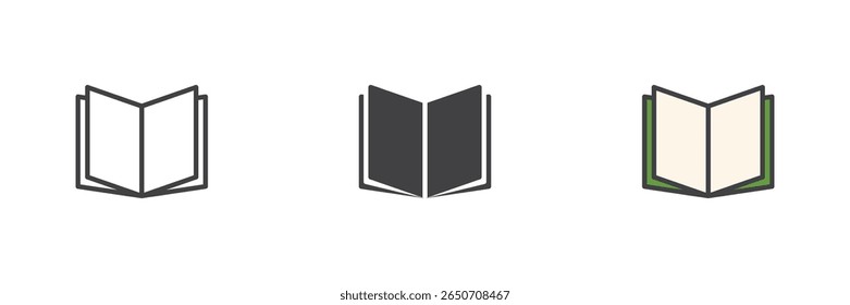 Open book with green nature theme pages icon set. Includes line, solid and filled outline styles. Botanical, eco and environmental book icon symbol.