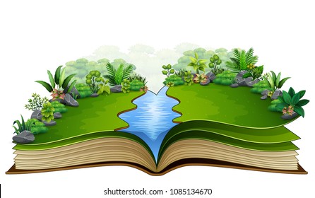 Open book with green plant of nature background