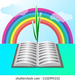 Open book with green sprig or sprout. Vector illustration. Power of knowledge and education