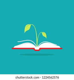 Open book with green sprig or sprout.  Flat icon isolated on blue background. Reading icon. Vector illustration. Idea logo. Inspiration pictogram. Power of knowledge and education sign.