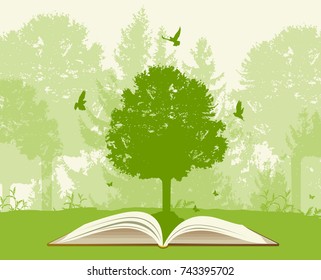 Open book with green tree and birds. Ecology concept.