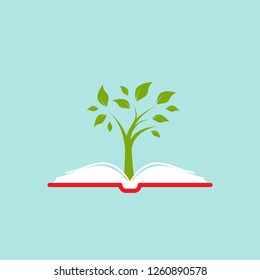 Open book with green tree.  Flat icon isolated on white background. Reading icon. Vector illustration.