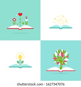 open book with green tree, stars, hearts and bulb.  Flat illustrations set. Reading icon. Vector illustration. inspiration pictogram. Knowledge, study, education, school or course concept.