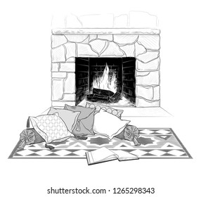 
Open book and group of different pillows with tassels  on a rug with a geometric pattern against the backdrop of a kindled fireplace. Vector vintage  illustration.  Sketch .