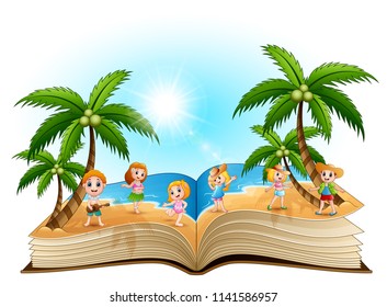 Open book with group of happy children on the beach